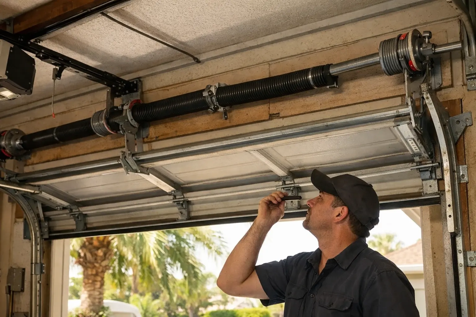Garage door technician inspecting door during emergency repair in Tallahassee