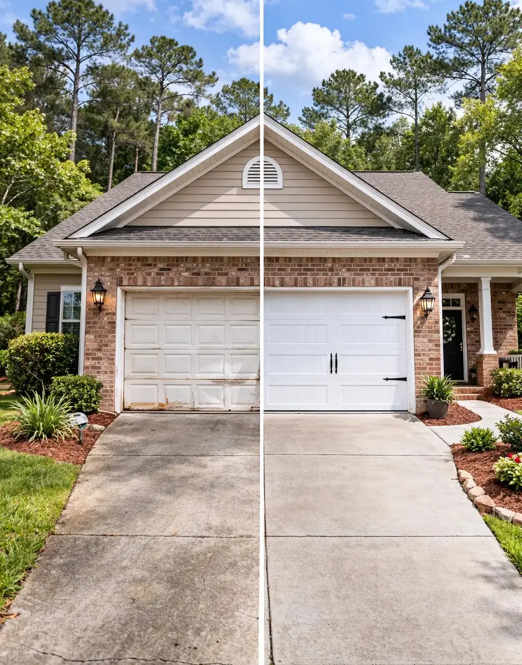Damaged residential garage door needing replacement in Tallahassee Florida