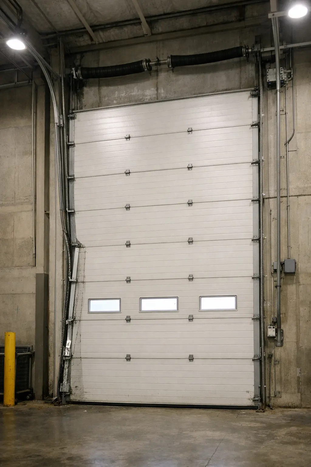 Damaged commercial overhead door panel inside warehouse in Tallahassee