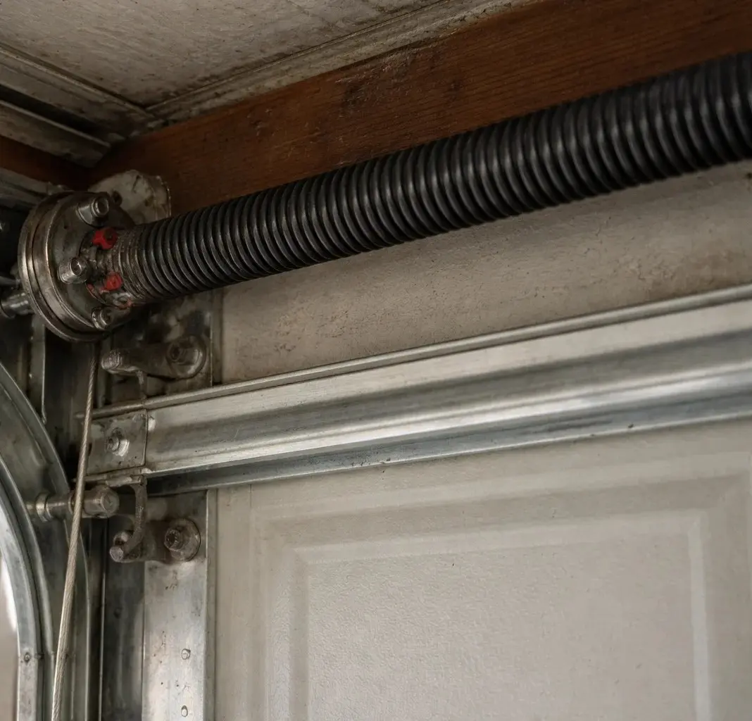 Close-up of broken garage door torsion spring in Centerville Tallahassee home