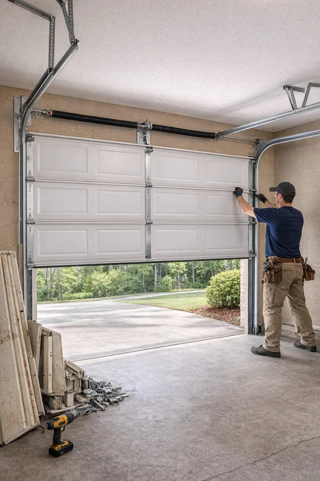 Technician installing replacement garage door panels in Tallahassee