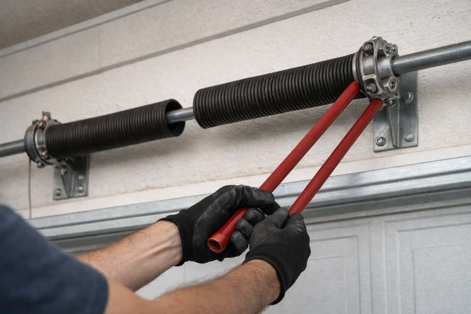 Technician replacing garage door torsion spring during emergency repair in Tallahassee