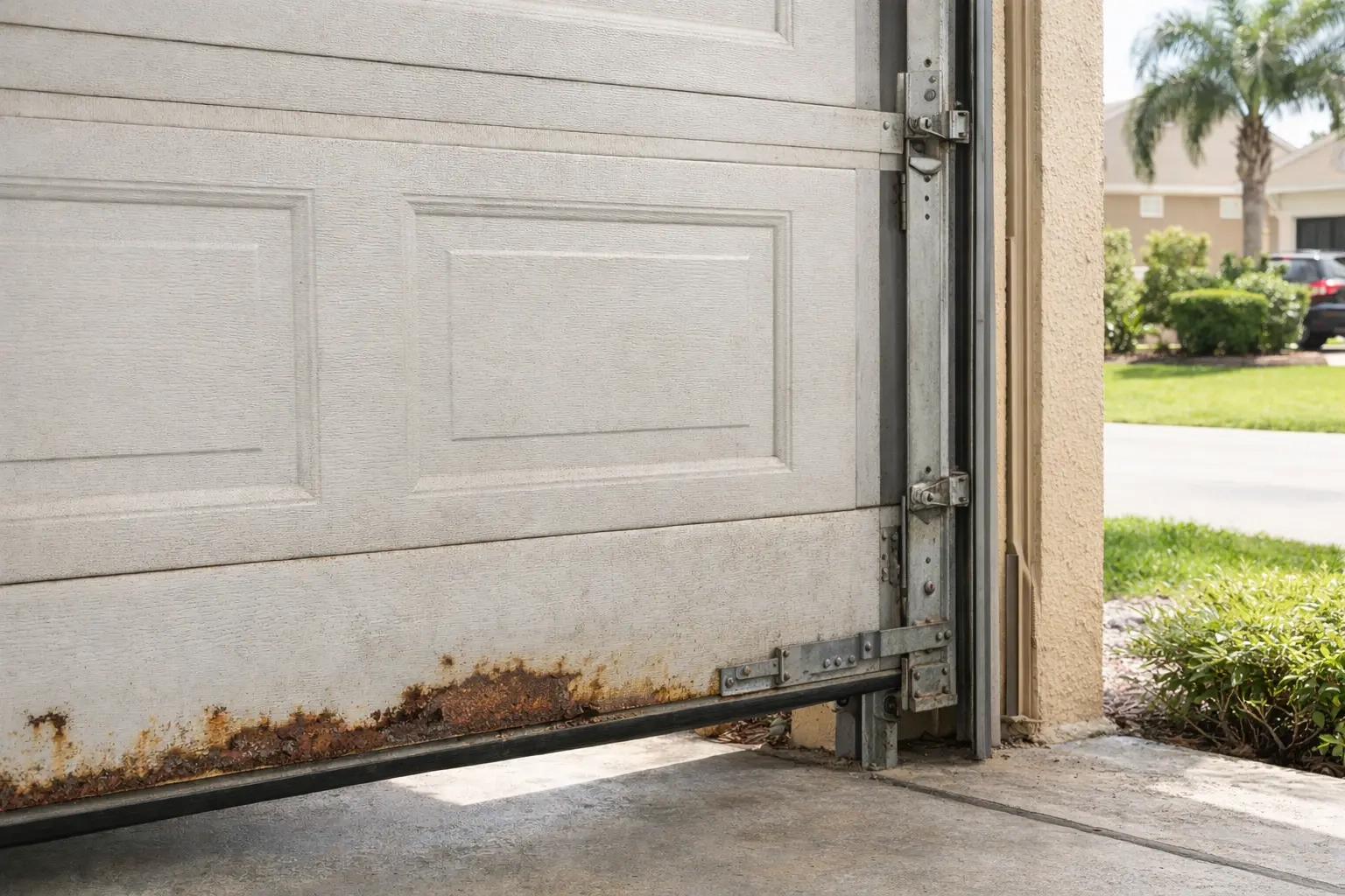 Rust damaged garage door panel needing replacement in Tallahassee