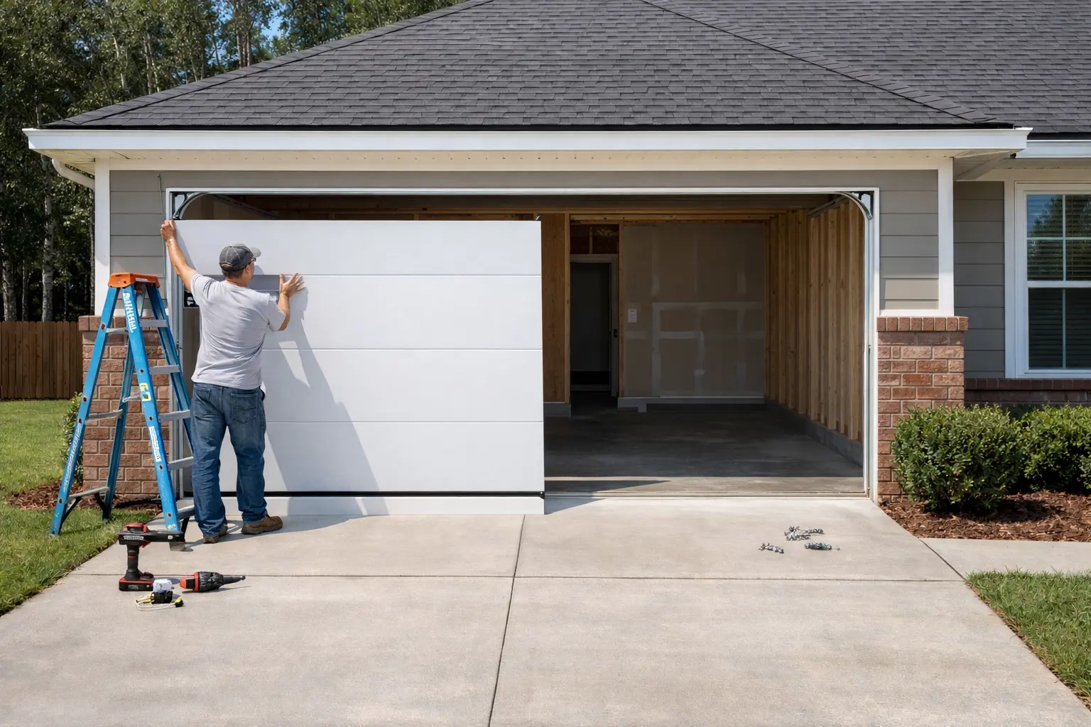 Technicians installing residential garage door in Tallahassee
