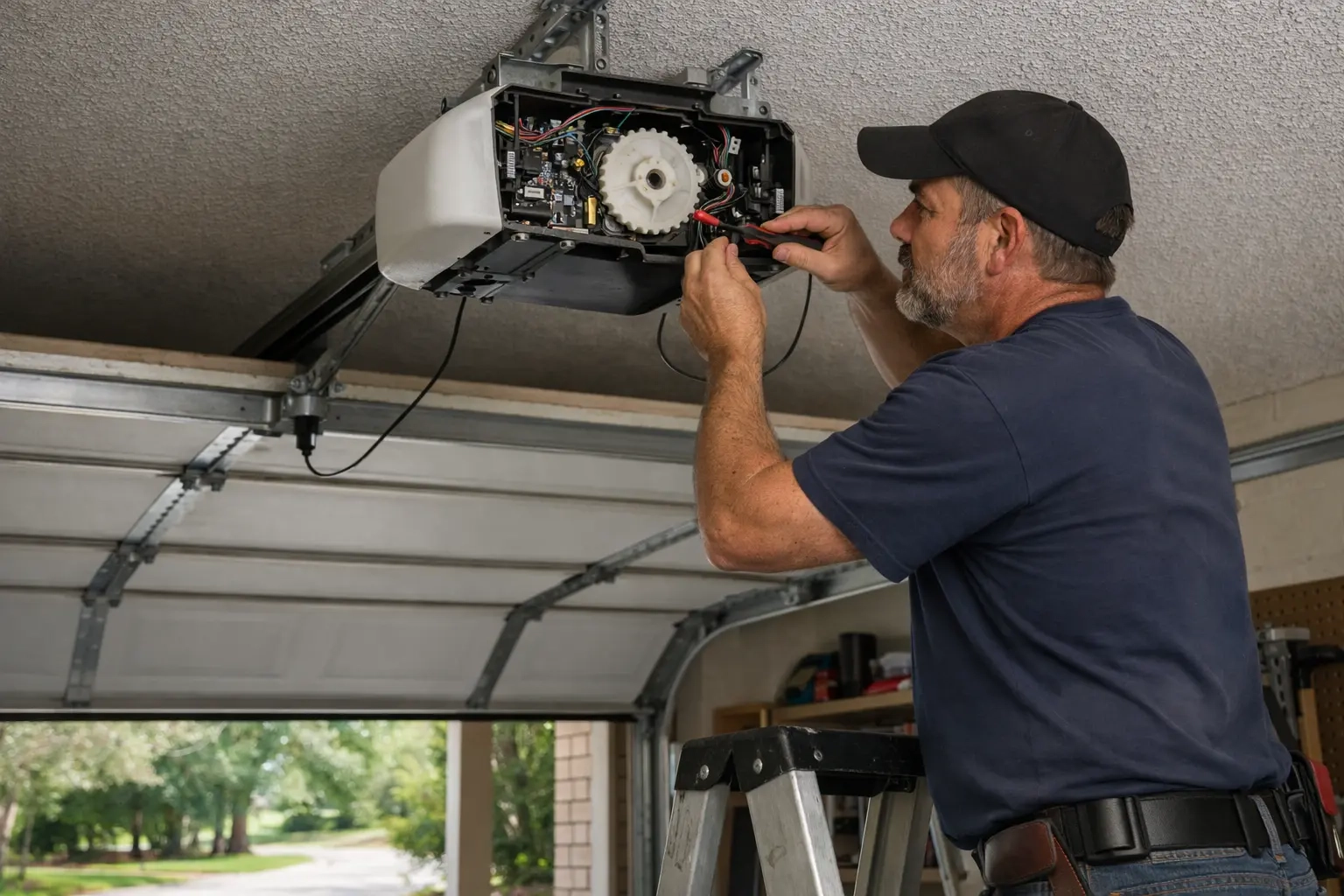 Garage door technician repairing opener motor in Tallahassee Florida