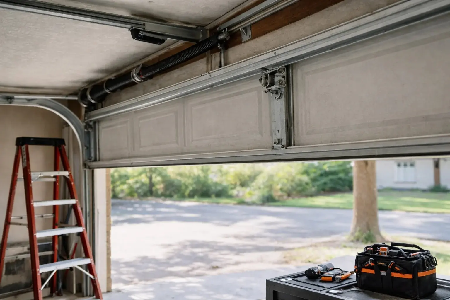 Garage door technician inspecting repair parts and tools in Centerville Tallahassee