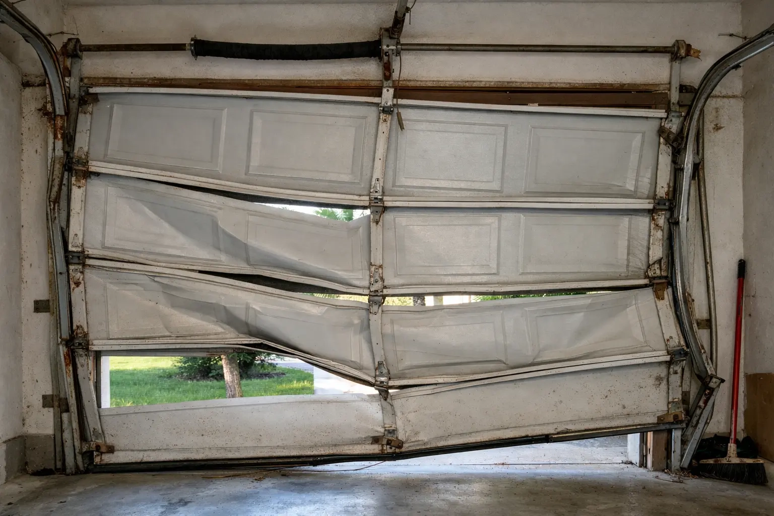 Severely bent garage door panels requiring replacement in Tallahassee