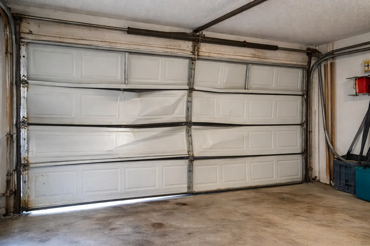 Damaged garage door panels requiring emergency repair in Tallahassee