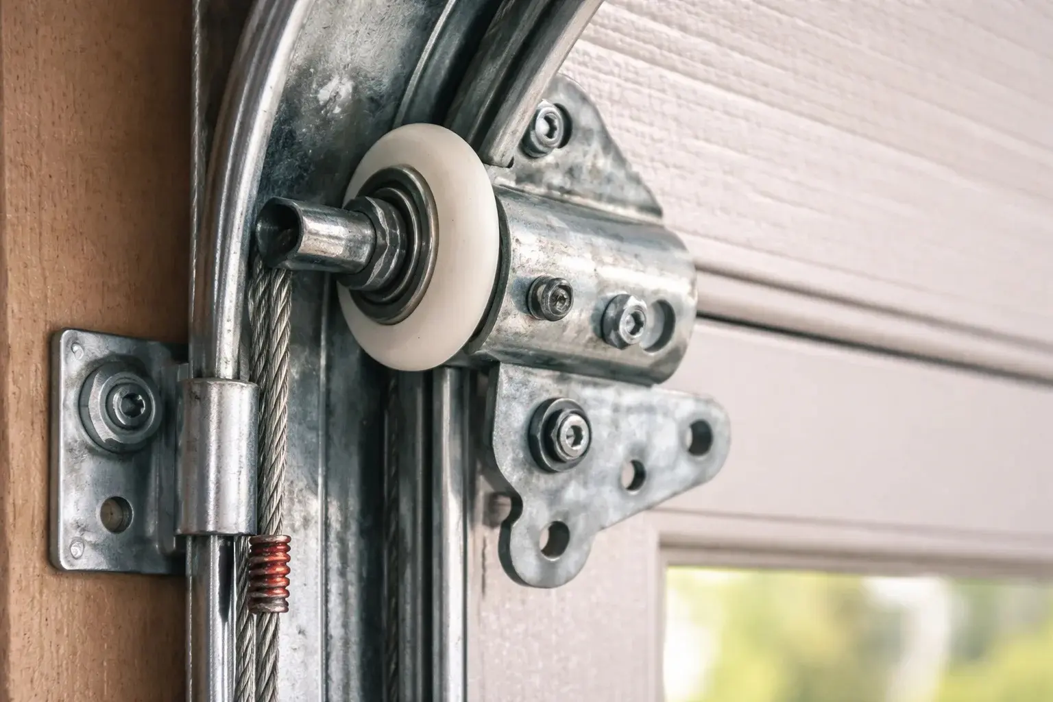 Garage door repair technician inspecting door hardware in Midtown Tallahassee