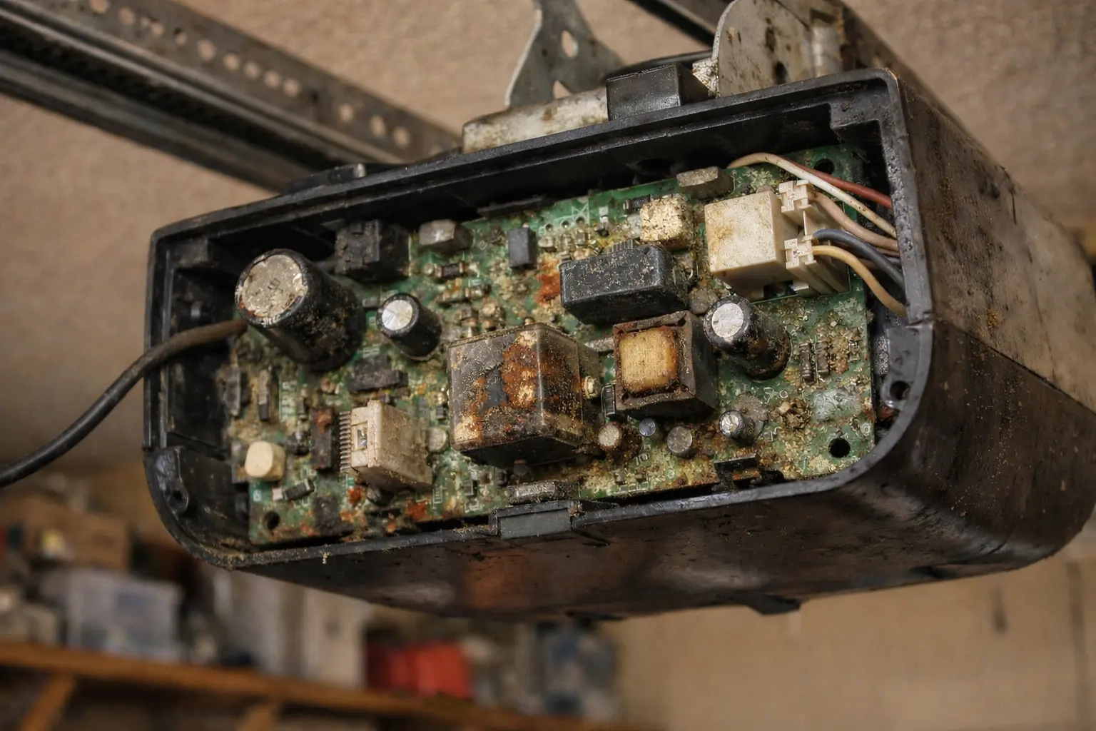 Damaged garage door opener circuit board being repaired in Tallahassee