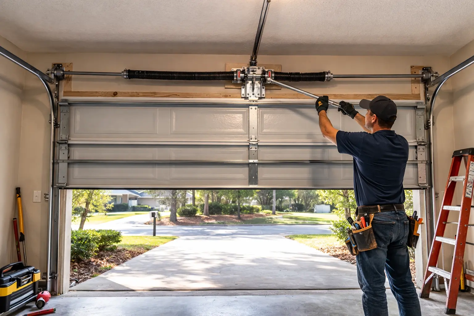Technician installing residential garage door replacement in Tallahassee