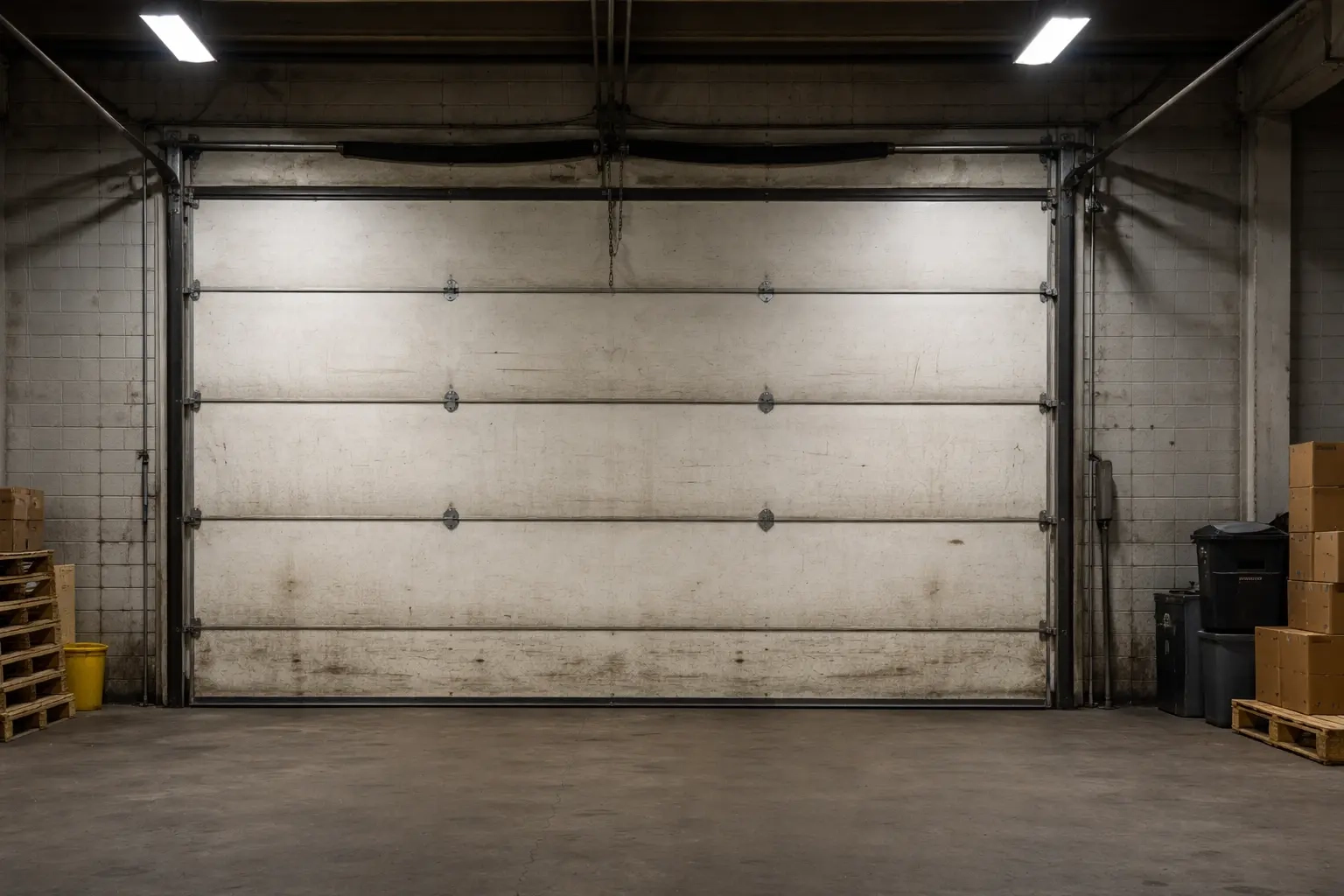Used commercial overhead garage door inside warehouse building in Tallahassee