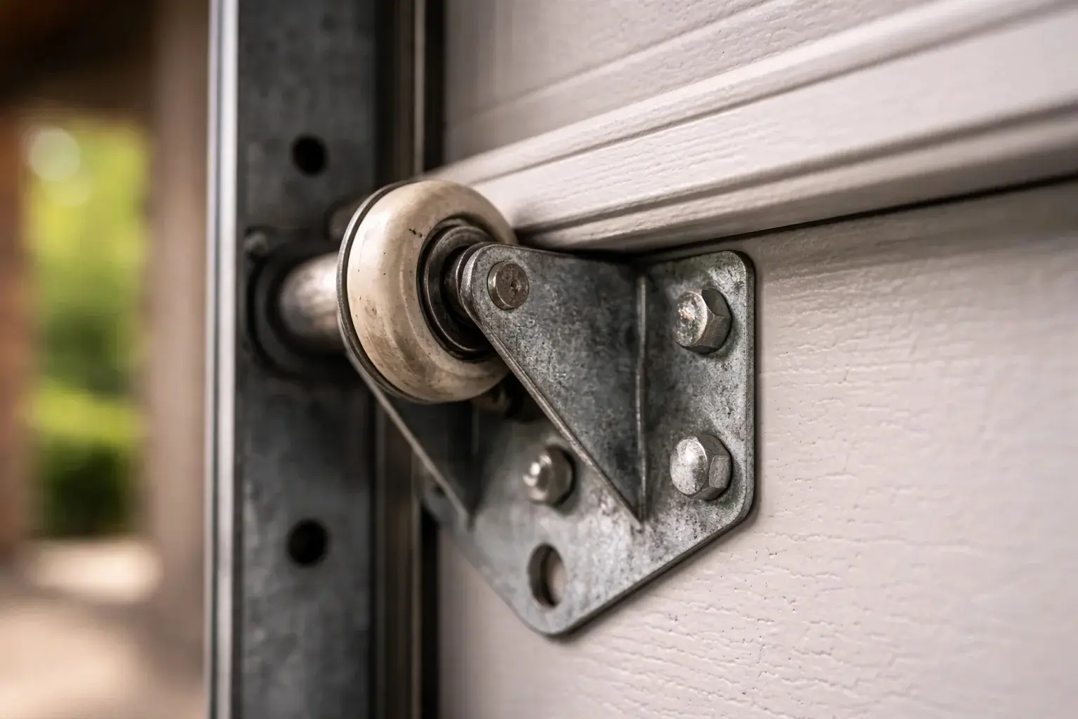 Garage door repair technician inspecting door hardware in Southwood Tallahassee